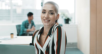 Buy stock photo Portrait, employee and woman with laptop, office or confident for graphic design, smile or creative. Happy, UX designer and person with tech for brand identity, pride and project on web in business