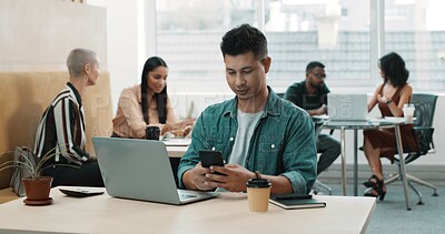 Buy stock photo Phone, research and planning with business man in office for social media, branding manager and contact. Campaign marketing, network and text message with person and laptop for chat and app