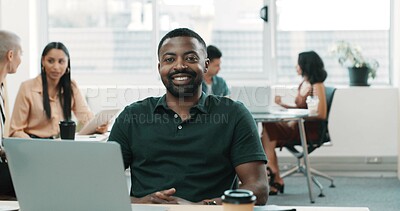 Buy stock photo Creative, portrait and business man on laptop for online project, research and digital marketing. Happy, startup and person on computer for website, proposal review and planning in coworking space