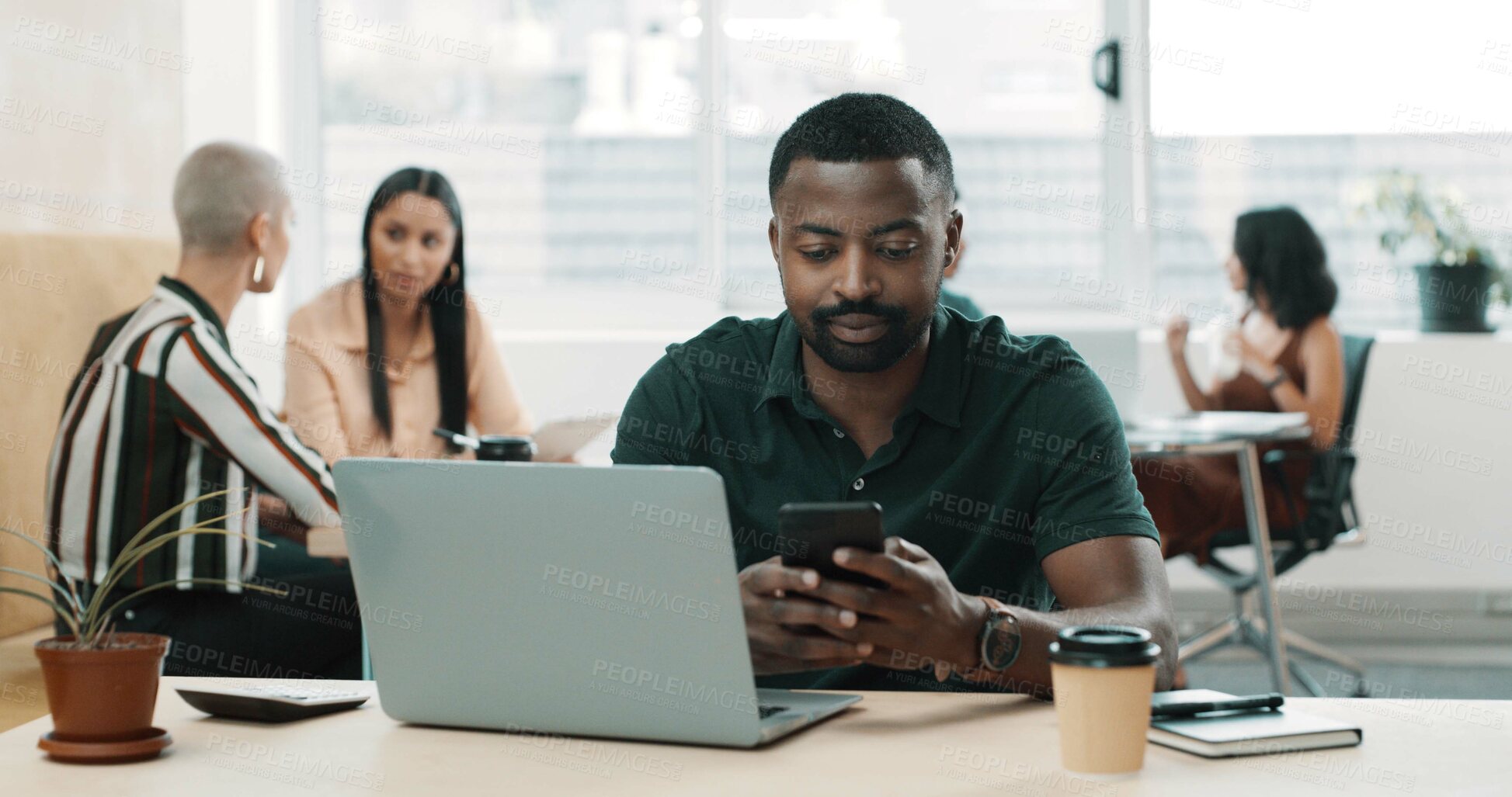 Buy stock photo Business, laptop and man with phone in office for auditing research, reading notifications and email. Commission analyst, coworking and smartphone at desk for policy update, finance website and chat