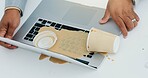 Hands, person and spill coffee on laptop for accident, work chaos and keyboard damage. Businessman, pc and mess drink on tech with clumsy employee, electronic insurance and splash liquid for mistake