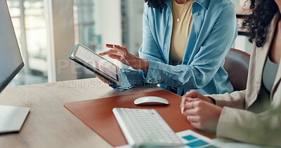 Buy stock photo Business, hands and team with tablet data in office for trading volume, profit growth or advice. Women, trader and screen statistics at desk for market trends, performance analysis and price movement