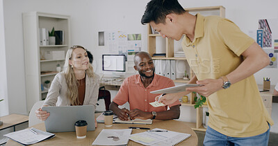 Buy stock photo Man, tablet and team with sticky note at office, happy and solution for project at graphic design startup. People, woman and group with planning, documents or meeting for feedback at creative agency