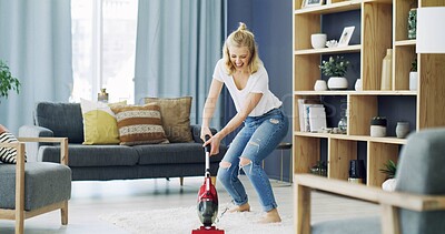 Buy stock photo Happy, vacuum cleaner and carpet with woman in home for energy, dust prevention or housekeeping. Cleaning, domestic chores and maintenance with excited person in living room of apartment for dancing