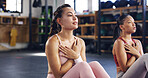 Fitness, friends or women in gym for yoga, mindfulness or support in body wellness. Pilates, relax or athlete in studio with practice partner, breath awareness or workout together in holistic activity