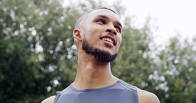 Buy stock photo Fitness, thinking or man outdoor for rest, mental preparation or confident for running challenge. Positive mindset, ready or athlete contemplate jogging route, health or wellness goals for training