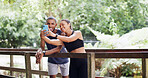 Selfie, happy couple and phone on outdoor bridge, social media post or update profile picture for memory. Fitness, photography and man with woman in nature park, mobile and smile together for bonding