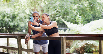 Buy stock photo Selfie, happy couple or outdoor on bridge for social media post, update profile picture or experience memory. Fitness, photography or people in nature park, hiking break or smile together for bonding
