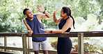 Man, woman and high five with personal trainer at park with success, achievement and training target. People, celebration and coach with support, motivation and goals with exercise in Costa Rica