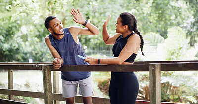 Buy stock photo Man, woman and high five with personal trainer at park with success, achievement and training target. People, celebration and coach with support, motivation and goals with exercise in Costa Rica