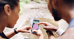 Hands, people and phone screen with personal trainer, outdoor and point for exercise program on ui. Coach, client and smartphone with scroll, info and guide on mobile app for fitness at nature park