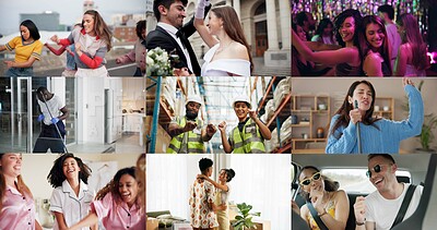 Buy stock photo Collage, men and woman with smile, celebration and party with goals, success and wedding dance. People, excited and singing with motivation, nightclub or team building at warehouse for achievement