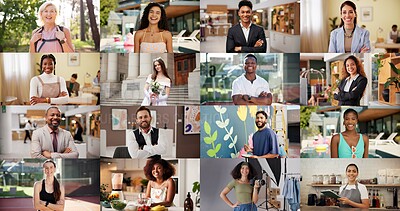Buy stock photo Diversity portrait, people and happy on collage for career development, community growth and pride. Composite, workforce and global group with confidence for social inclusion and resource equality