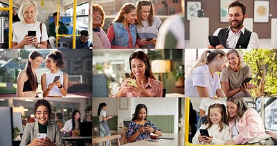 Buy stock photo People, collage and smartphone with internet, connection and global communication. Diversity, men and women with cellphone, mobile user and ux experience with digital app, compile and social media