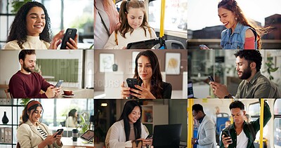 Buy stock photo Collage, people and phone with texting, scroll and happy with travel, chat or notification on network. Women, men and smartphone with child on mobile app, smile and social media on public transport