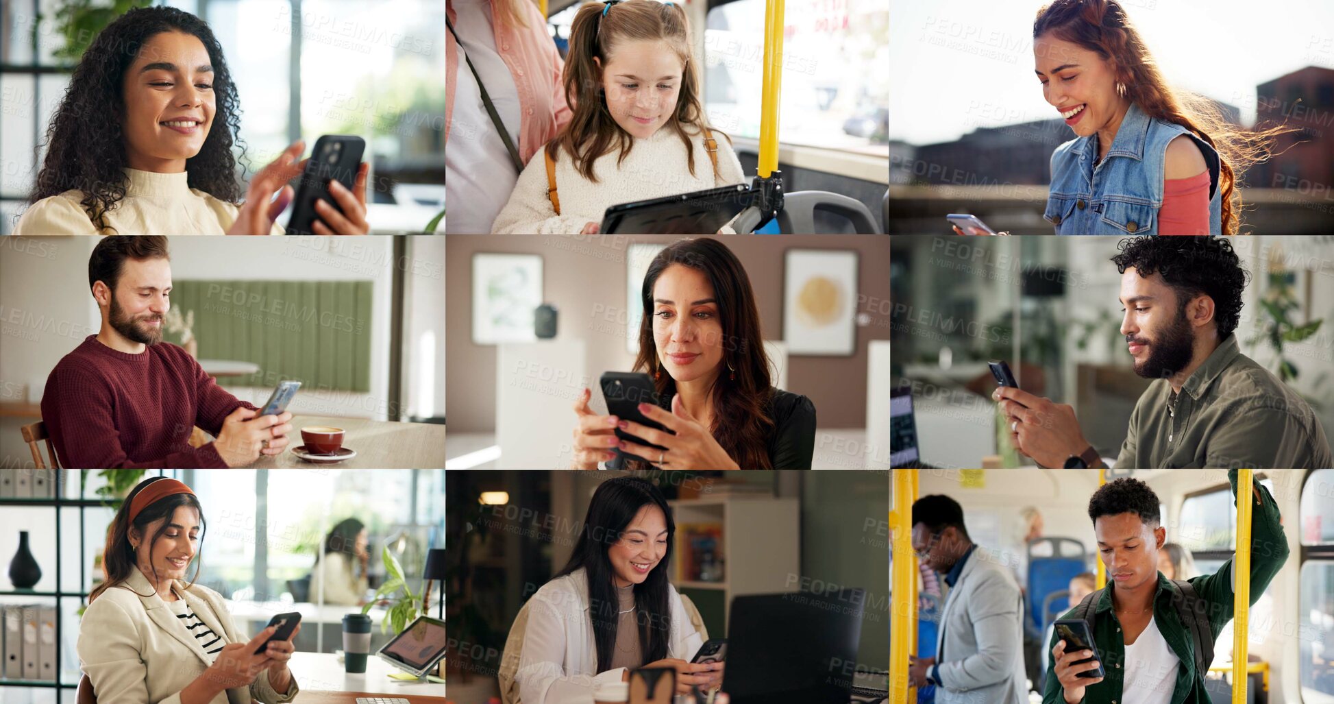 Buy stock photo Collage, people and phone with texting, scroll and happy with travel, chat or notification on network. Women, men and smartphone with child on mobile app, smile and social media on public transport