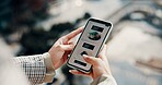 Business, hands or phone screen with food delivery app for online order, lunch break or menu option. Above, outdoor and employee with smartphone for healthy takeout meal, restaurant website or hungry