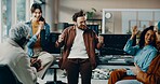 Businessman, meeting and finance group with applause for investment success, trading dashboard or celebration. People, stock market and achievement with fist pump for financial profit or growth