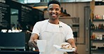 Black man, portrait and small business with service in cafe for food, breakfast or bread. Male person, pastry chef or baker with smile, mug or roll for hospitality, catering or startup in restaurant
