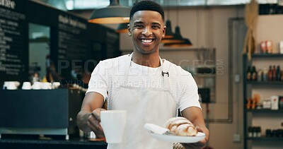 Buy stock photo Black man, portrait or small business with service in cafe for food, breakfast or bread. Male person, pastry chef or waiter with smile, mug or roll for hospitality, catering or startup in coffee shop