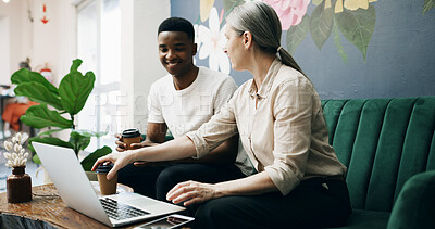 Buy stock photo Laptop, team and meeting with people in cafe for product inventory, supplier contact and budget planning. Online, discussion and small business owner with employee for debrief at coffee shop