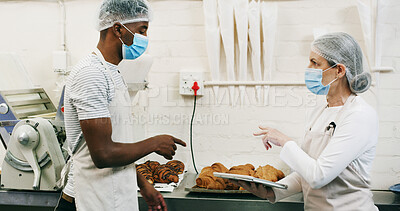 Buy stock photo Health, inspection or people in cafe with tablet, hygiene or food safety in online checklist. Sanitation, review or inspector in kitchen with tech, quality control or compliance in restaurant service