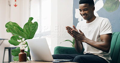 Buy stock photo Office, lounge and man with laptop, excited and reading positive review for design on web or online. Happy, graphic designer and black person with tech for project, creative and feedback on email