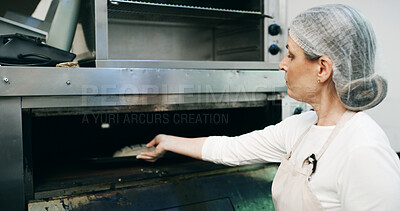 Buy stock photo Bakery, pastry chef and woman in commercial kitchen with oven, quality control and small business. Baker, order and stock for catering, restaurant industry and production for breakfast or snack