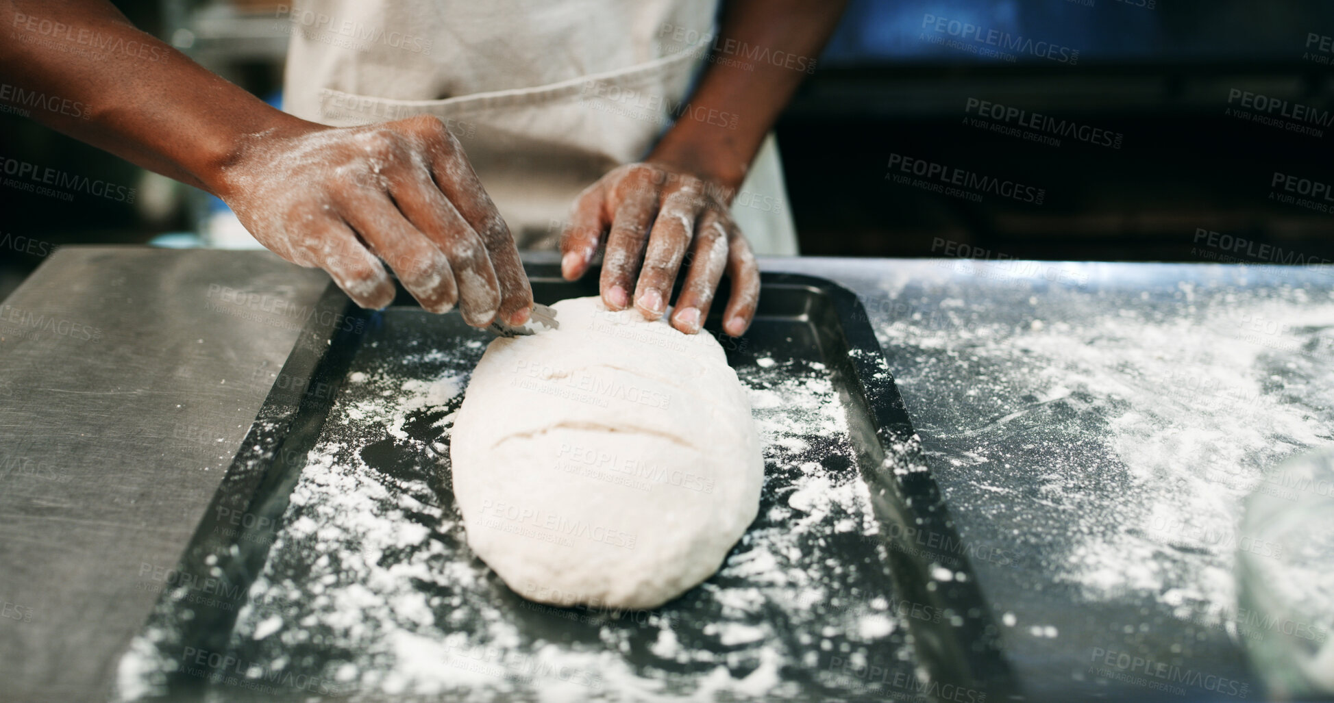 Buy stock photo Person, hands and flour in bakery with dough for baking bread, cooking food and restaurant cuisine. Chef, powder and ingredients in kitchen with catering, meal prep and gluten free sourdough recipe.