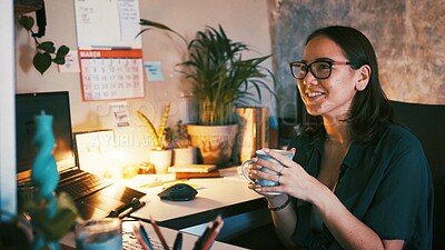 Buy stock photo Freelancer, computer and coffee with woman in home office for graphic designer, research and night. Web media layout, remote work and entrepreneur with person in apartment for overtime artist project