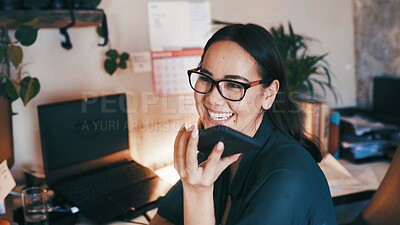 Buy stock photo Loudspeaker, freelancer or woman with phone call in home office, remote work or conversation with client. Laugh, project discussion and writer with mobile for article info, agreement details and plan