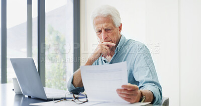Buy stock photo Home, thinking and old man with documents, financial analysis and doubt with retirement fund. Pensioner, confused or mature person with paperwork, pc or asset management with insurance policy or debt