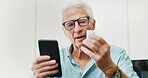 Reading, pills and phone with old man in home for dosage instruction, medicine and side effects. Research, online pharmacy and medical information with senior person in apartment for prescription