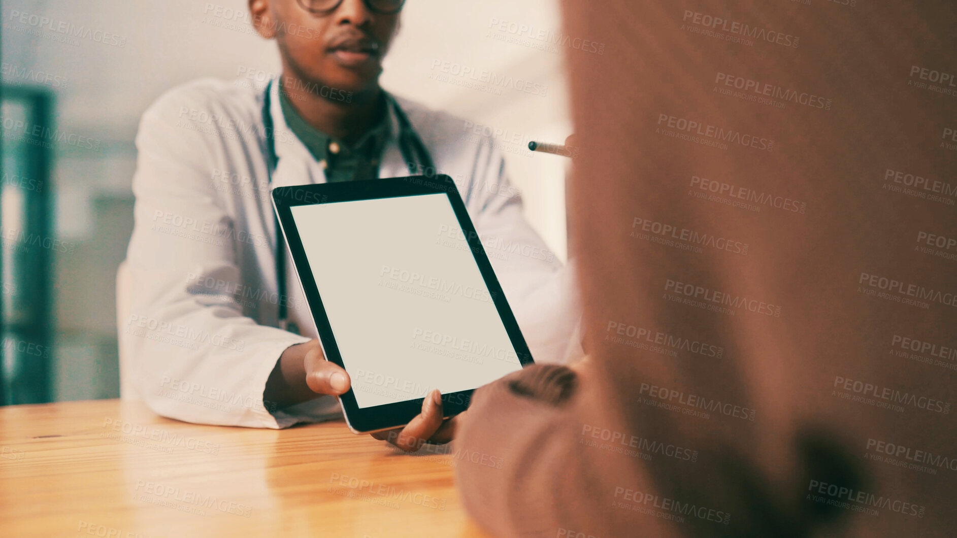Buy stock photo Doctor, tablet screen and consultation with patient for medical history, diagnosis or research. Healthcare professional, surgeon or technology display with mockup space for procedure in hospital