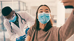 Happy, woman and selfie with doctor for vaccine injection, photography and awareness on social media. People, face mask and profile picture of pandemic treatment, medical procedure and healthcare ppe