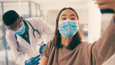 Buy stock photo Happy, woman and selfie with doctor for vaccine injection, photography and awareness on social media. People, face mask and profile picture of pandemic treatment, medical procedure and healthcare ppe