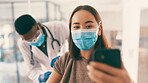 Woman, selfie and doctor for vaccine at hospital for injection, photography and social media awareness. People, face mask and profile picture for covid treatment, medical procedure and healthcare ppe