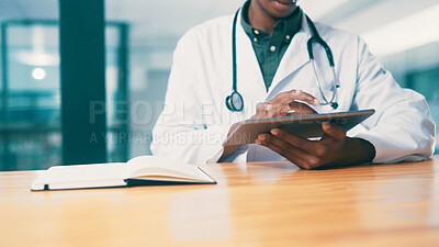 Buy stock photo Tablet, notebook and hands of doctor in hospital with medical research for treatment planning. Digital technology, information and African male healthcare worker with online diagnosis in clinic.