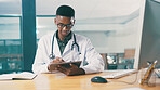 Black man, doctor or tablet with book for schedule planning, medical help or telehealth in hospital. Male person, healthcare worker or cardiologist with smile on technology for research in clinic