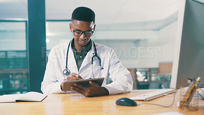 Buy stock photo Black man, doctor or tablet with book for schedule planning, medical help or telehealth in hospital. Male person, healthcare worker or cardiologist with smile on technology for research in clinic