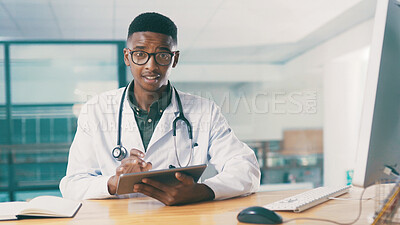 Buy stock photo Tablet, black man and portrait of doctor in hospital with medical research for treatment planning. Digital technology, notebook and African male healthcare worker with online diagnosis in clinic.