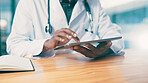 Man, doctor and hands with tablet for healthcare history, report or insurance records. Technology, medical worker and check email for wellness, clinic schedule or research information in office
