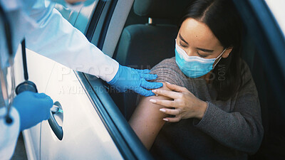 Buy stock photo Patient, injection and hands with vaccine, car and healthcare for Covid 19 prevention and treatment. Drive tru, doctor and medical help for RSV immunization, medicine and booster for woman in vehicle