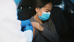 Patient, pain and hands with vaccine, car and healthcare for Covid 19 prevention, help and treatment. Drive tru, doctor and injection for RSV immunization, sore and booster for woman in vehicle