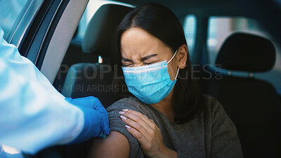 Buy stock photo Patient, sore and hands with vaccine, car and healthcare for Covid 19 prevention, help and treatment. Drive tru, doctor and injection for RSV immunization, pain and booster for woman in vehicle
