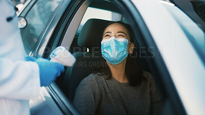 Buy stock photo Woman, face mask or car with doctor for transportation, boarding stop or portable screening. Female person, driver or traveler with safety regulation for viral outbreak, pandemic or security protocol