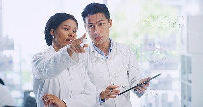 Buy stock photo Formula, pointing and tablet with scientist people in laboratory for planning on glass wall. App, collaboration and science solution with medical team at work for clinical trial or research ideas