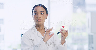 Buy stock photo Glass board, equation or scientist with blood sample for research, medical test or study biology reaction. Chemistry formula, clinical trial or woman with tube for solution, vaccine or science in lab