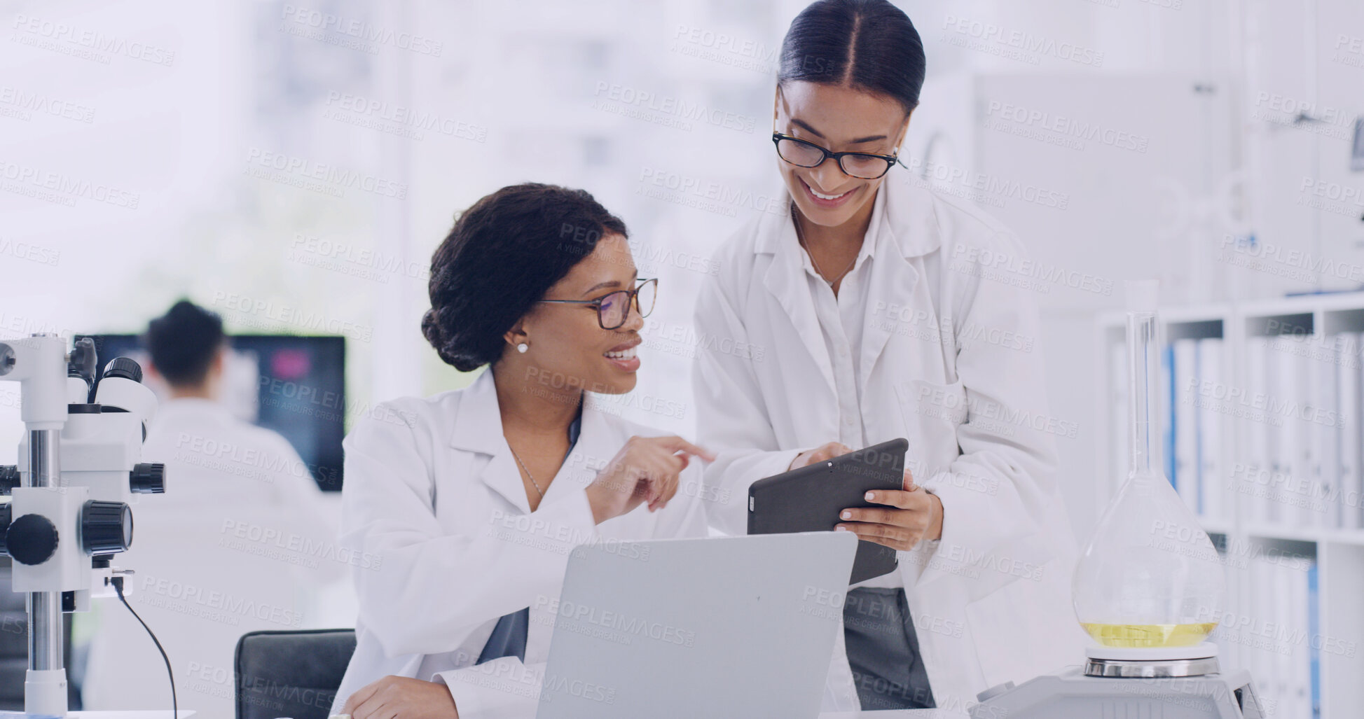 Buy stock photo Collaboration, laptop and tablet with scientist people in laboratory for planning or research. App, science and smile with medical team at work on computer for clinical trial or experiment findings