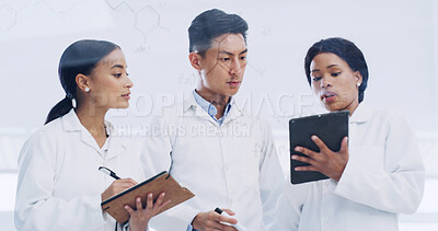 Buy stock photo Tablet, glass wall and group of scientists with formula, chemistry research or molecule. Tech, science team and people with chemical equation, medical development or brainstorming notes in laboratory